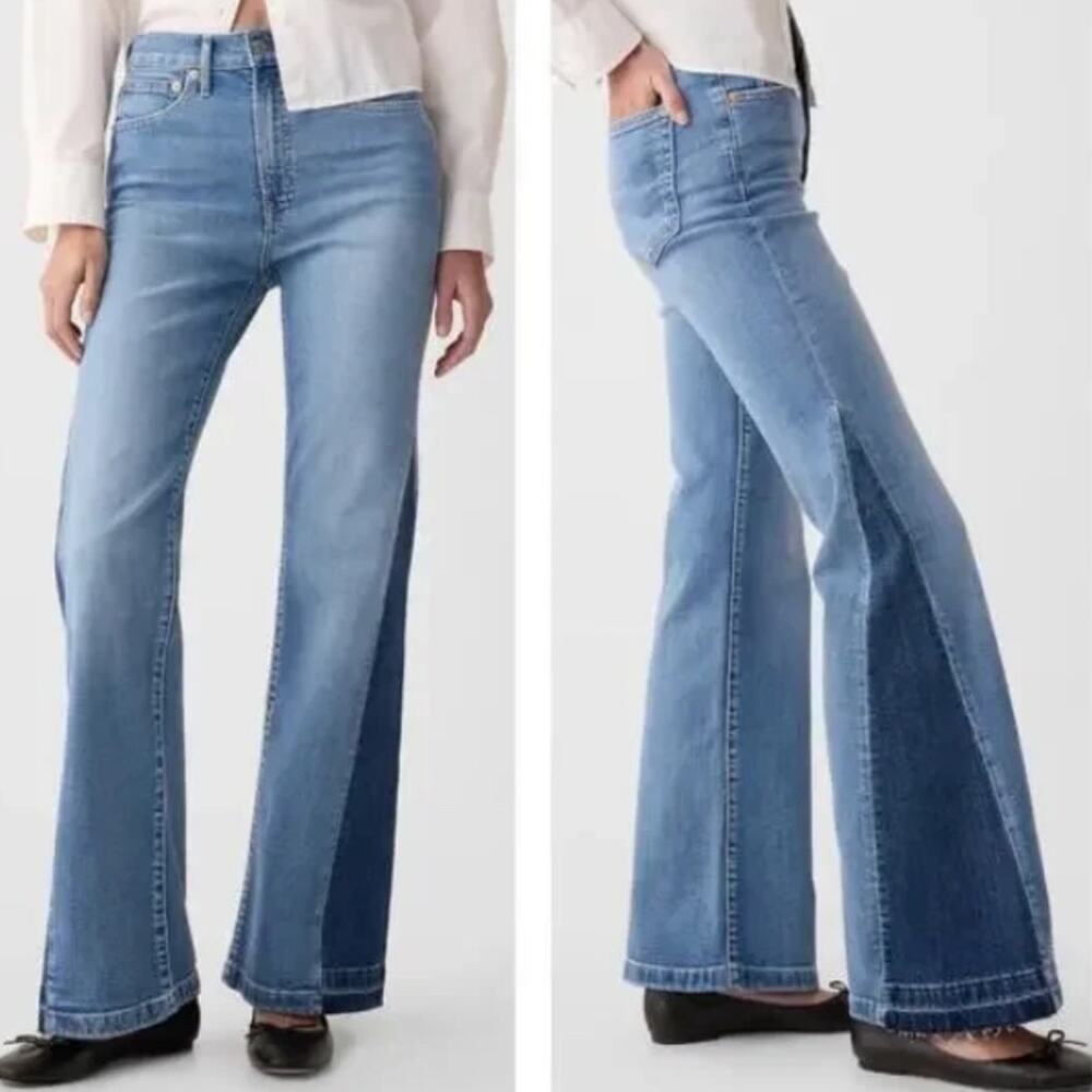 GAP High Rise Patched 70's Flare Jeans Indigo Size 4 Tall festival hippie boho